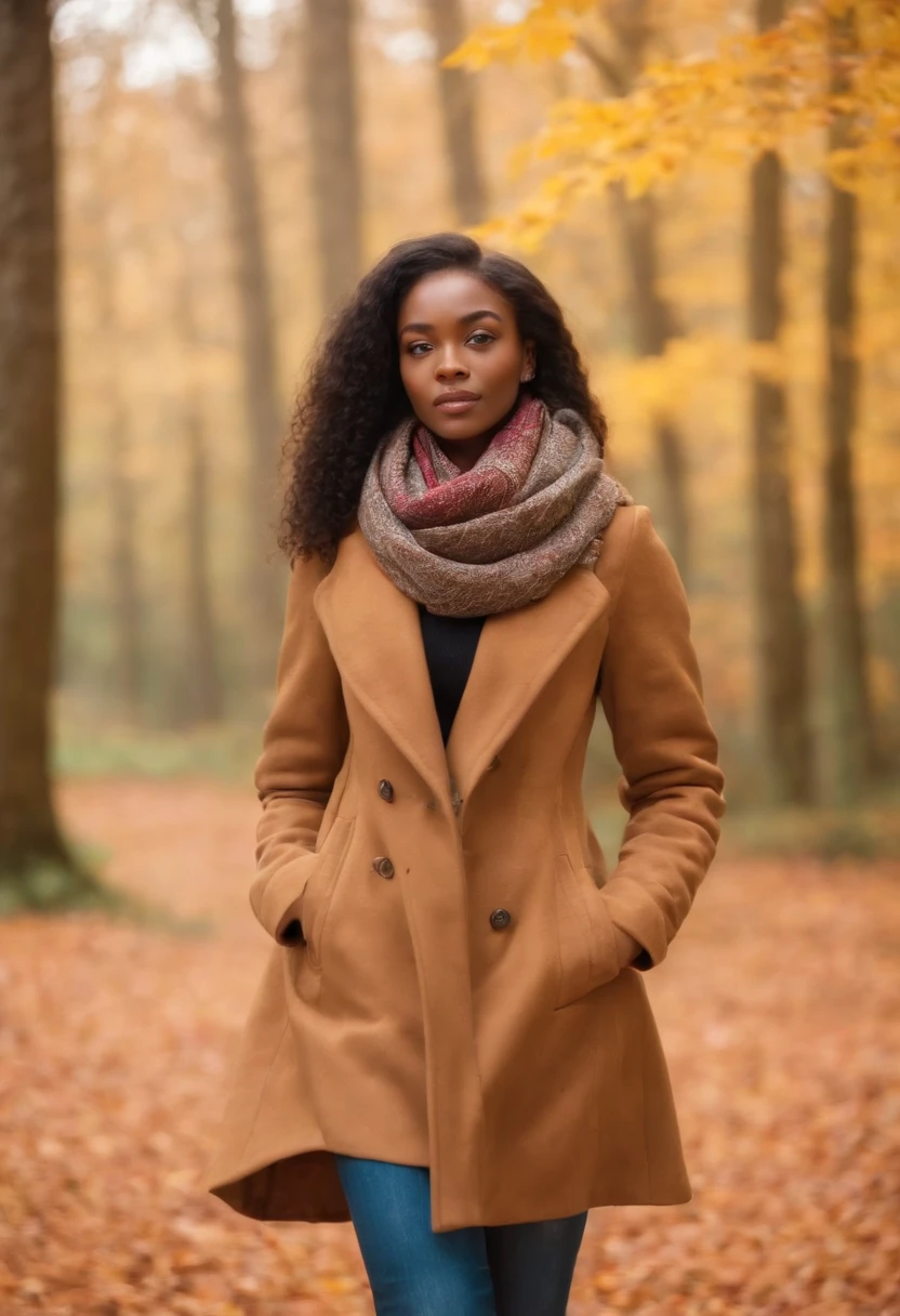 The 26 year old african model in a warm coat and scarf, strolling through a forest with vibrant autumn foliage, the ground covered in fallen leaves, and a hint of fog creating a mysterious ambiance.