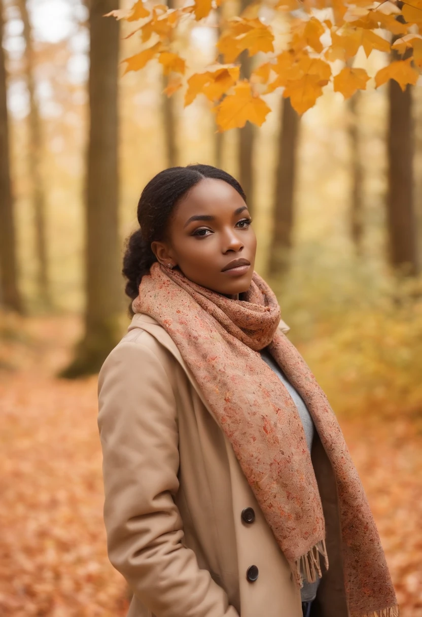 The 26 year old african model in a warm coat and scarf, strolling through a forest with vibrant autumn foliage, the ground covered in fallen leaves, and a hint of fog creating a mysterious ambiance.