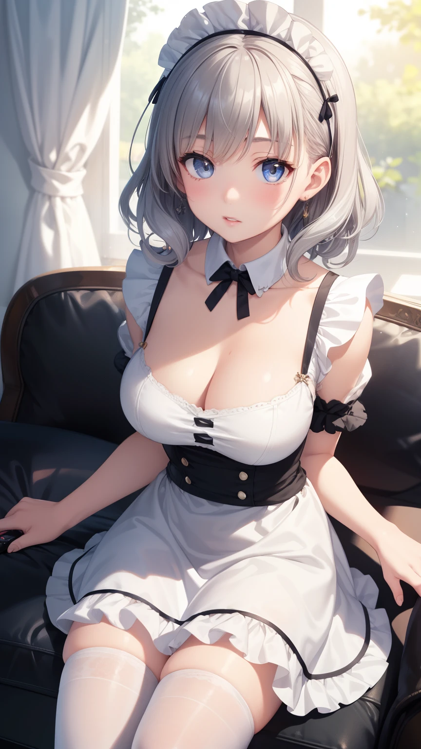 1girl, natural lighting, masterpiece, highly detailed, illustration, game CG, absurdres, high quality, aichan, large breasts, beautiful detailed eyes, medium silver hair, curly hair, bangs, glossy lips, pale yellow maid dress, collarbone, cleavage, detached collar, short puffy sleeves, white thigh highs