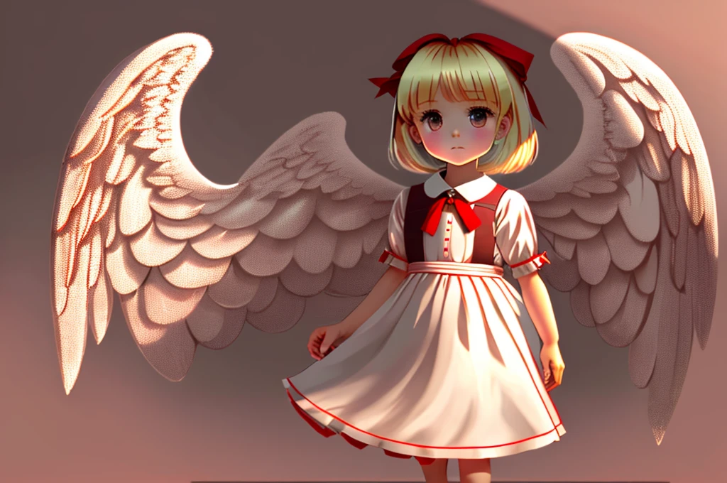 masterpiece, best quality, 1girl, solo, , medium blonde hair, forehead visible bangs, hair flaps, ribbon on head, well-formed face, blonde eyes, angel girl, standing collar, nehru collar, white blouse, long sleeves, red ribbon, angel wings, red thick suspenders, long white skirt, long maxi-skirt, very long skirt, wide shot, full body shot, simple background