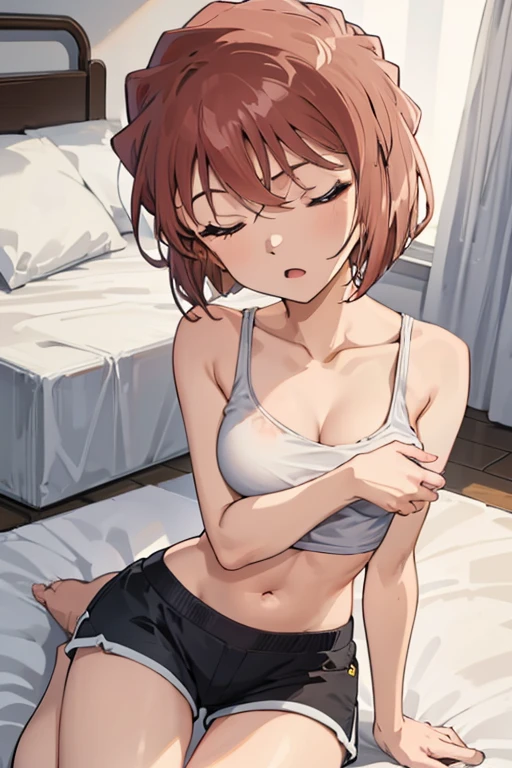 extremely detailed wallpaper,sharp focus,soft light,beautiful eyes,perfect anatomy,higher,super detailed,professional lighting,depth of field,detailed beauty face,perfect limbs,highest quality,high resolution,elementary school student,140cm hig,((small breast)),((black eyes)),girl body,(embarrassing),from above,(whole body),(lying on bed,sleeping),short pants,short tank top,(closed eyes:1.2),open mouth