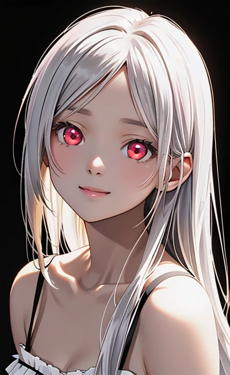 (Photorealistic:1.4)、asuna,(masterpiece、Side light、Exquisite beautiful eyeonochrome:1.5,portlate、)、Cute Face、 3D Face、(white hair:1.5、Straight Hair)、(1 Girl)、(Red eyes:1.2)、(upper body)、(Sundress)、 (Cute face:1.2),(light smile:1.2),kind face,(Small breasts),(black background:1.5)、(glowing eyes:1.3)、()、 Neat and clean、Adorable、Slim Body(Tareme:1.5),Shiny Hair、(Glowing pink Skin)、Nijisketch,Manga,zydG