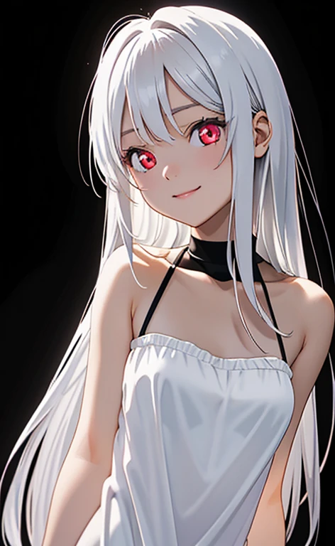 (Photorealistic:1.4)、asuna,(masterpiece、Side light、Exquisite beautiful eyeonochrome:1.5,portlate、)、Cute Face、 3D Face、(white hair:1.5、Straight Hair)、(1 Girl)、(Red eyes:1.2)、(upper body)、(Sundress)、 (Cute face:1.2),(light smile:1.2),kind face,(Small breasts),(black background:1.5)、(glowing eyes:1.3)、()、 Neat and clean、Adorable、Slim Body(Tareme:1.5),Shiny Hair、(Glowing pink Skin)、Nijisketch,Manga,zydG