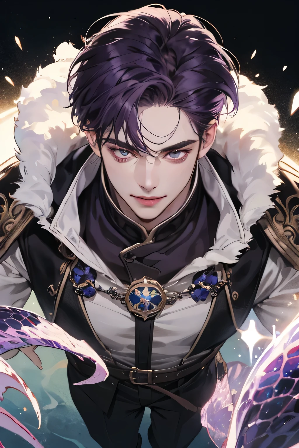 (Best quality),adult,1 manly, male, mature, very tall, elegant, (((very short dark purple hair))), green mint eyes, perfect eyes, dark purple hair, medieval fantasy style, richly textured background, soft lighting, portrait style, painting style, deep colors, half body, perfect, half body, big body1male, calm, age 35 face, short messy with bangs, white hair, amethyst colored eyes, royalty, prince, black clothes, in a castle, close up, medieval {(best quality, 8k, masterpiece, HDR, soft lighting, perfect image, digital illustration, manhwa art, hyper detailed image, perfect lines, realistic)} 1 very handsome man, short dark blue hair, ocean purple eyes, luxurious clothes (imposing posture, smiling), {(black background with blue sparkles)}, full body