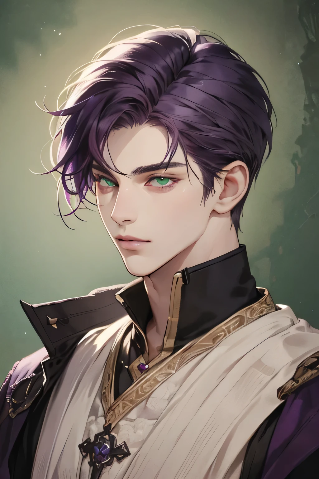 (Best quality),adult,1 manly, male, mature, very tall, elegant, (((very short dark purple hair))), green mint eyes, perfect eyes, dark purple hair, medieval fantasy style, richly textured background, soft lighting, portrait style, painting style, deep colors, half body, perfect, half body, big body, handsome