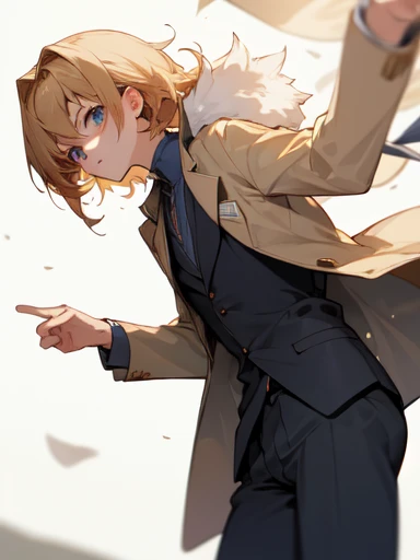 (absurdres), (perfect anatomy), (ingenious angle), pastel colors, beautiful composition, RAW photo, extremely delicate and beautiful, aesthetic, 1 girl, medium hair, beige hair, navy blue suit, large size suit, oversized jacket, white background, daytime, warm atmosphere, soft light, emotional, fantastic, perfect composition, trending pixiv fanbox, clear eyes, anime hand drawn illustration, produced by anime painter studio,