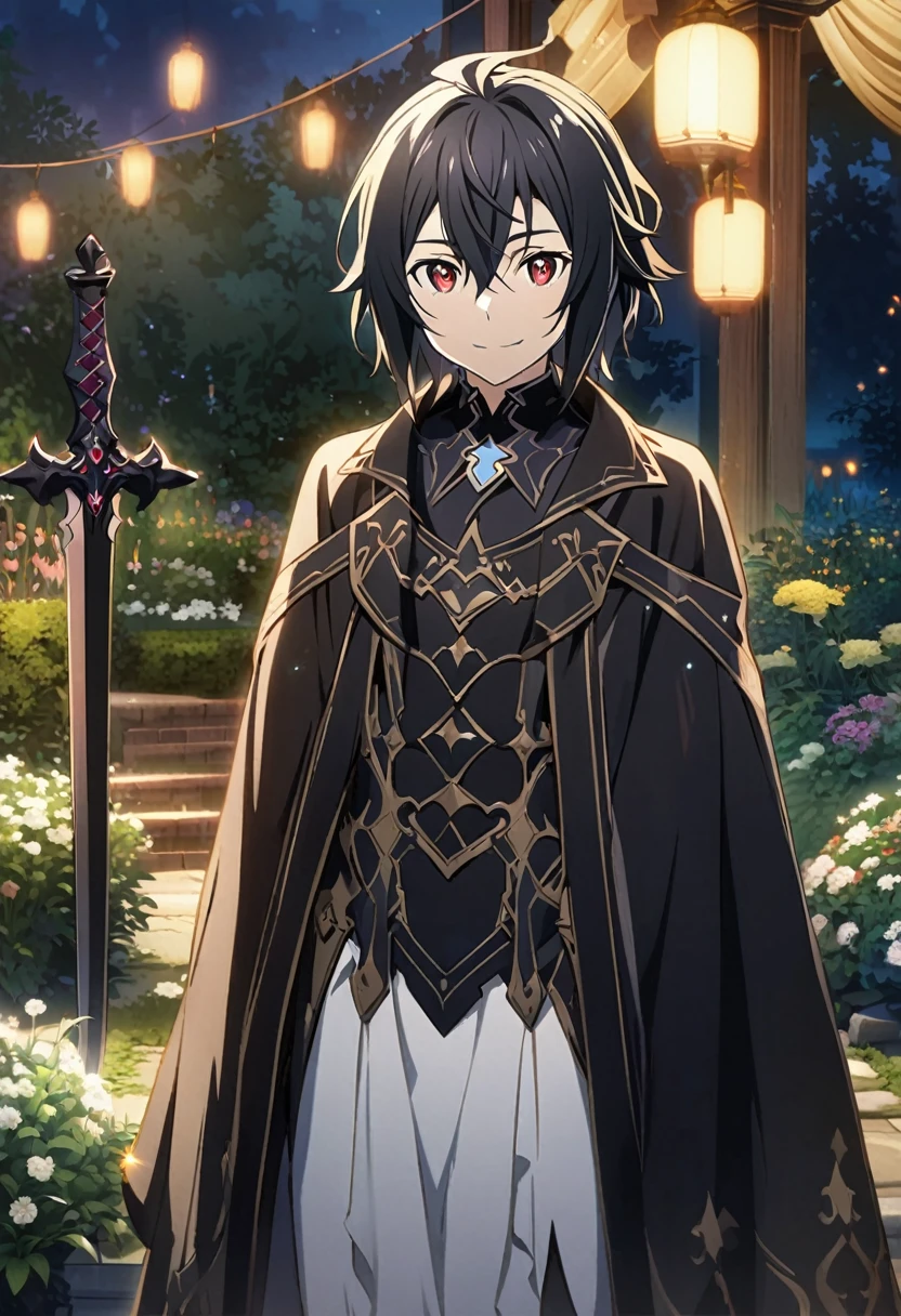 Hyakuya Mikaela \(Sword Art Online\), short black hair, ruby red eyes:1.2, dark costume, bangs, gentle smile, black sword, ((ultra-detailed)), ((illustration)), ((neat hair)), (beautiful detailed eyes), male, 1boy, standing, ((garden, night)), looking at viewer