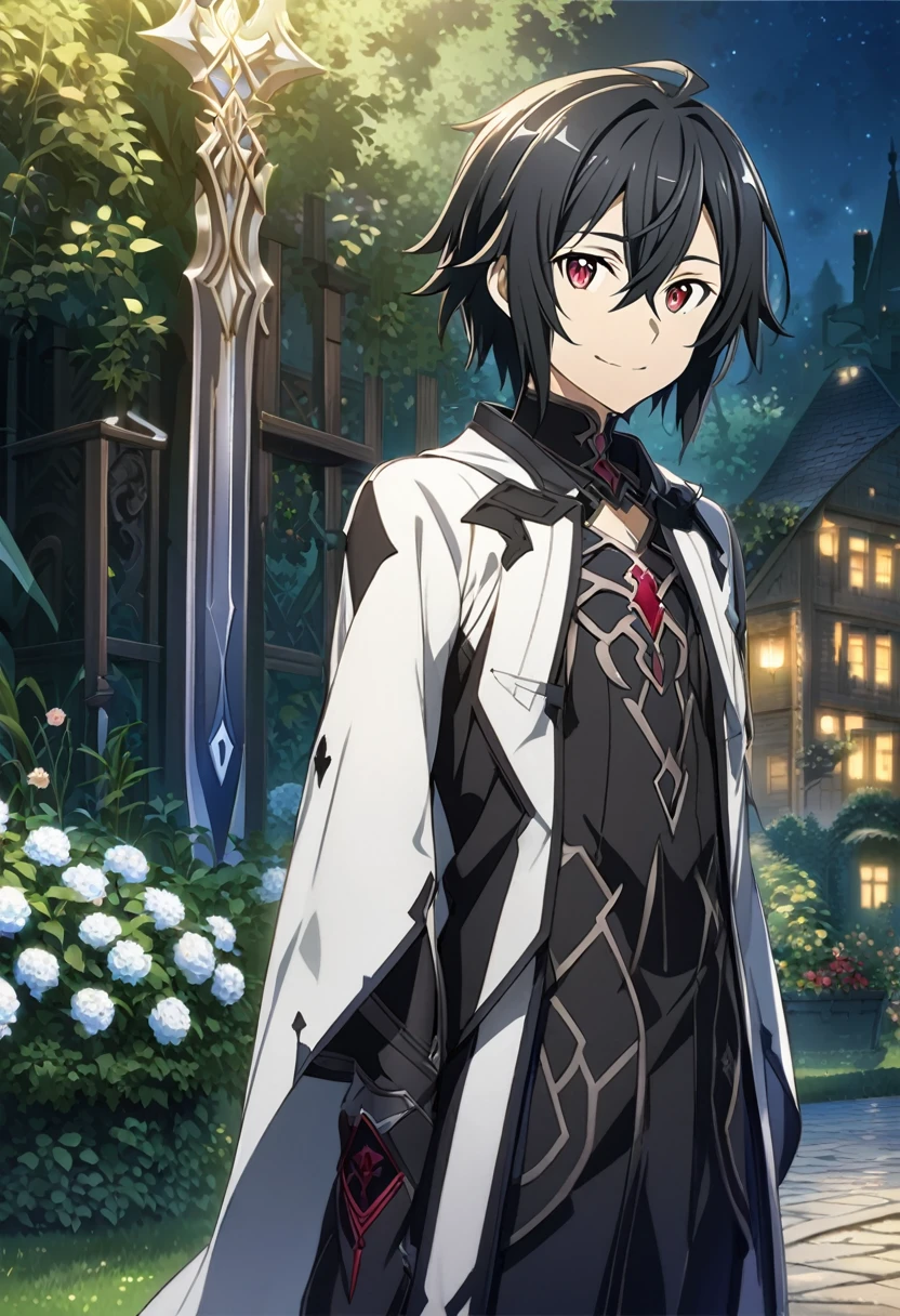 Hyakuya Mikaela \(Sword Art Online\), short black hair, ruby red eyes:1.2, dark costume, bangs, gentle smile, black sword, ((ultra-detailed)), ((illustration)), ((neat hair)), (beautiful detailed eyes), male, 1boy, standing, ((garden, night)), looking at viewer