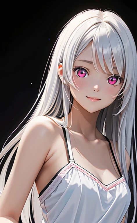 (Photorealistic:1.4)、asuna,(masterpiece、Side light、Exquisite beautiful eyeonochrome:1.5,portlate、)、Cute Face、 3D Face、(white hair:1.5、Straight Hair)、(1 Girl)、(Red eyes:1.2)、(upper body)、(Sundress)、 (Cute face:1.2),(light smile:1.2),kind face,(Small breasts),(black background:1.5)、(glowing eyes:1.3)、()、 Neat and clean、Adorable、Slim Body(Tareme:1.5),Shiny Hair、(Glowing pink Skin)、Nijisketch,Manga,zydG