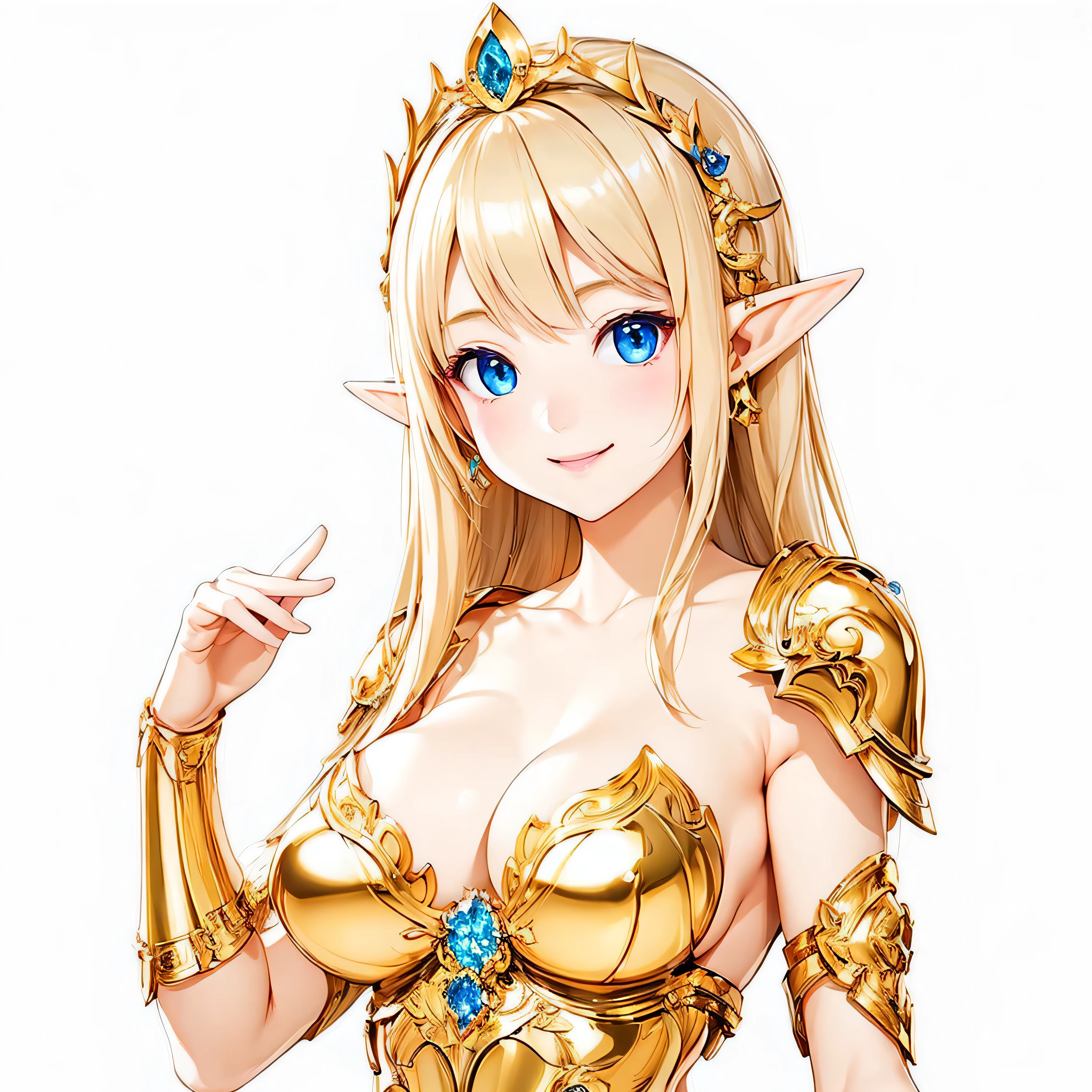 highest quality、Very detailed、High resolution、16k、Thin contours、Elf with long ears、I can see her nipples、Shining golden armor、Golden Bikini Armor、Very big 、Very big 、Boob Proportion、Smile of the Goddess、Elf girl、Very white skin、Beautiful fingers、Perfect Style、Elf、No bra、Blonde hair and blue eyes、Cool smile