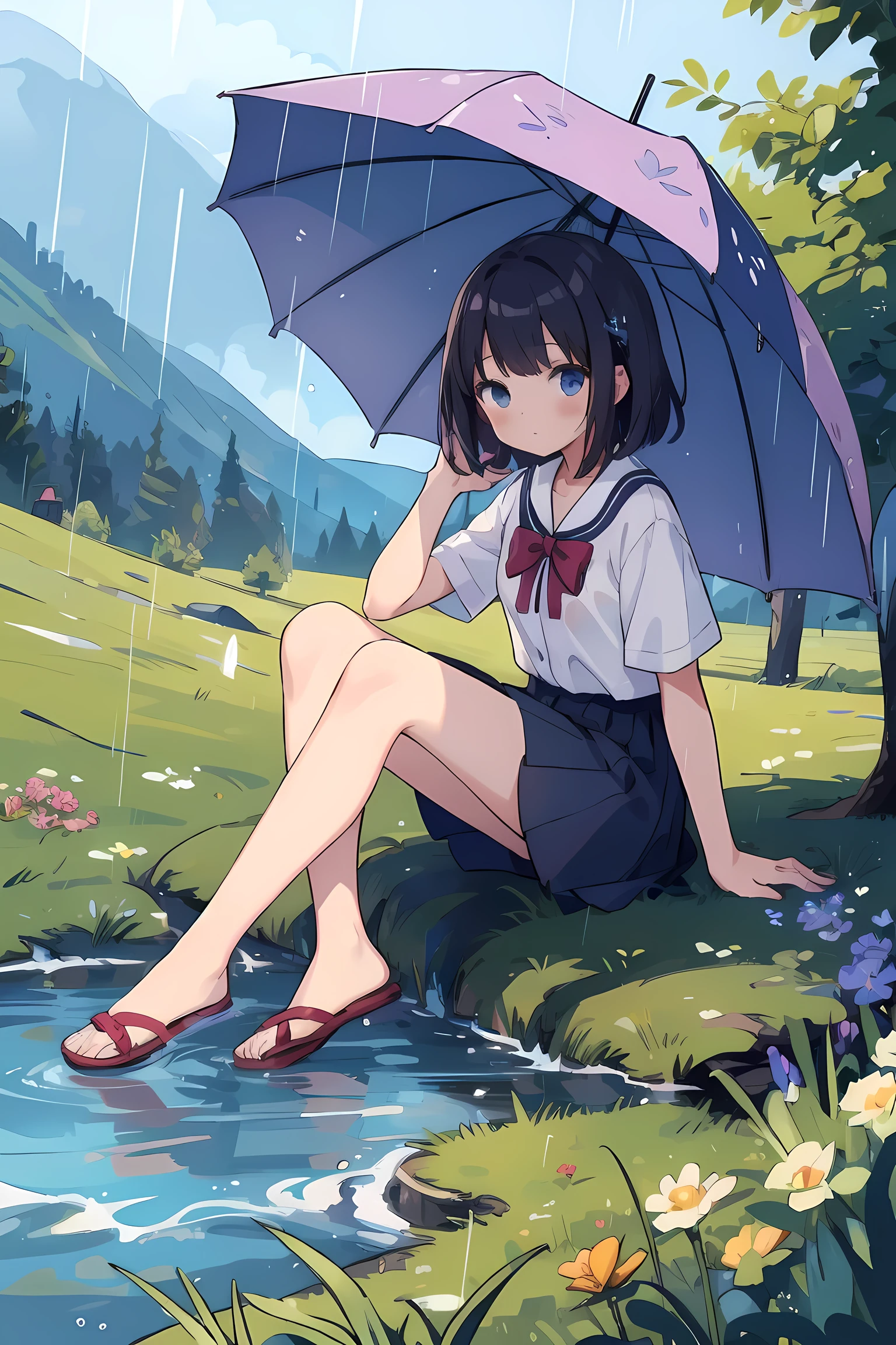 Masterpiece, best quality, A girl in the rain sitting high on a mountain