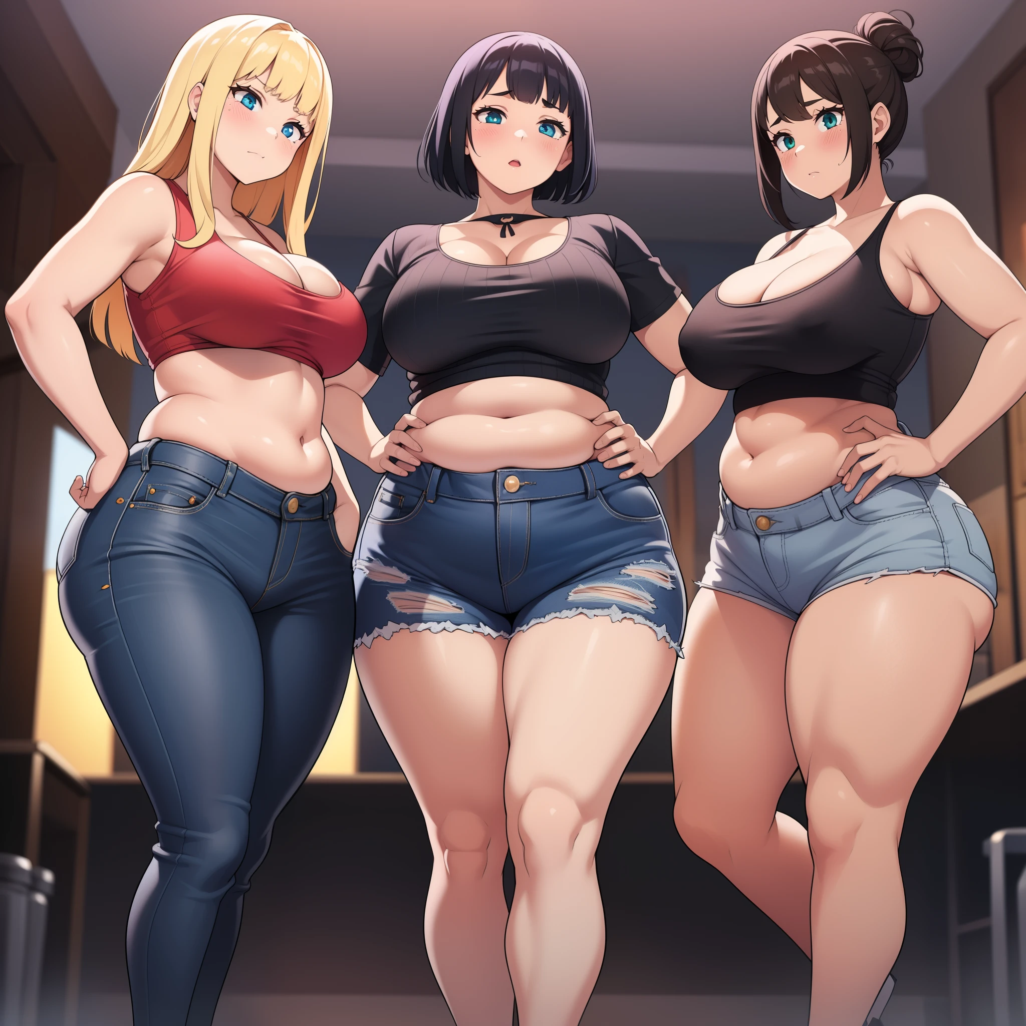((highres)), Masterpiece, high quality, best quality, beautiful, perfect lighting, detailed face, ultra cute face, from below, ((blush)), (((3girls))), one girl has blonde hair, blue eyes, crop top and shorts, skindentation, one girl has brown hair, green eyes, jeans, white shirt, tight clothes, one girl has, Short black hair, brown eyes, crop top and shorts full body, fast food restaurant, cleavage, medium breasts, ((wide hips)), ((thick thighs)), ((plump)), chubby belly, fat folds, belly hang, standing, touching each other,