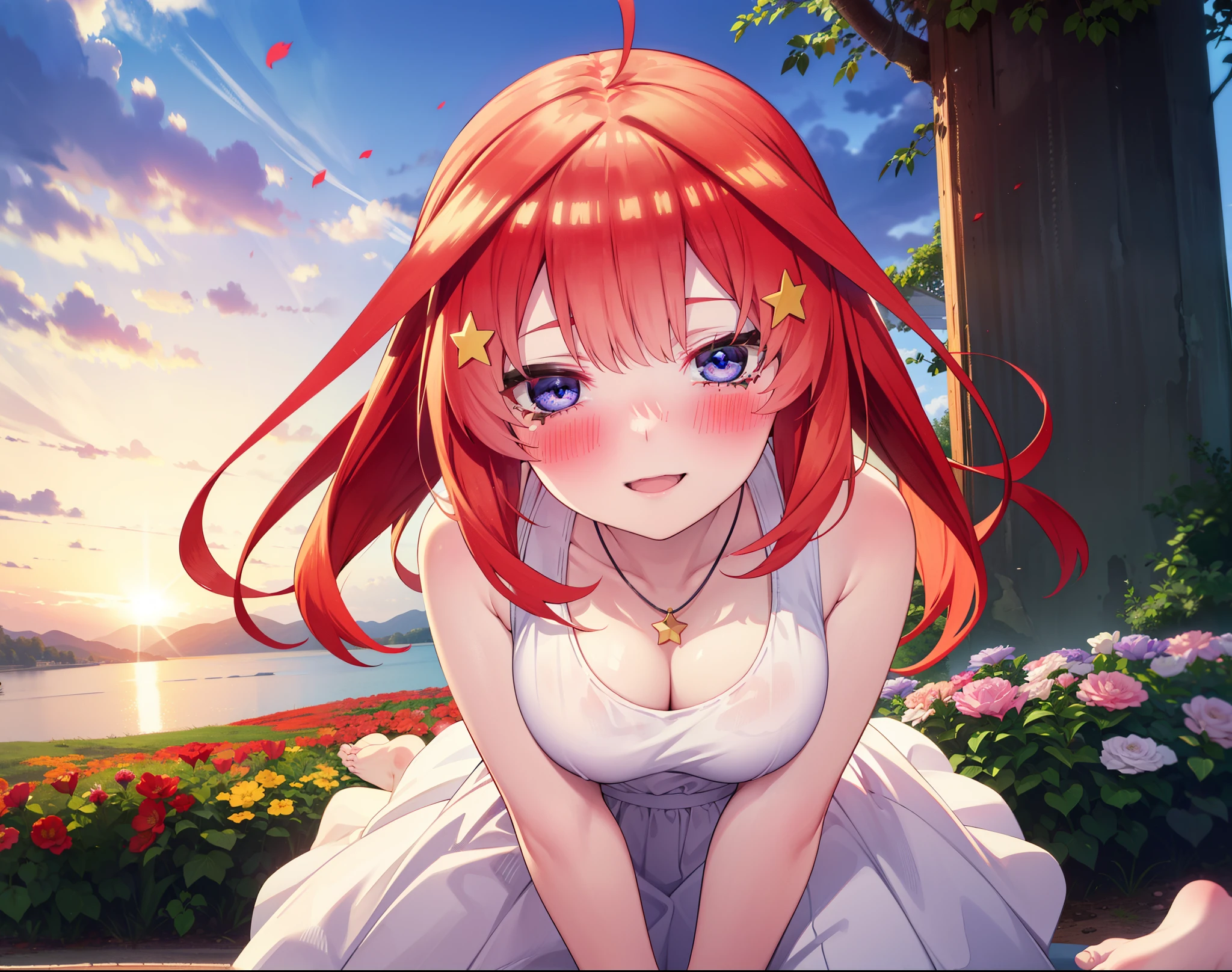 itsukinakano, Itsuki Nakano, bangs, blue eyes, Hair between the eyes, Ahoge, Redhead, star \(symbol\), hair ornaments, star hair ornaments,Big Breasts,Squint both eyes,blush,happy smile, smile, shut up.,White Sleeveless Dress,Bare arms,Heart Pendant,Long skirt,Barefoot flower crown,whole bodyがイラストに入るように,Sitting,Looking up from below,evening,sunset,Morning Sets,
break looking at viewer, whole body,
break outdoors, nature,Flower Field,Large Lake,
break (masterpiece:1.2), highest quality, High resolution, unity 8k wallpaper, (shape:0.8), (Beautiful details:1.6), Highly detailed face, Perfect lighting, Highly detailed CG, (Perfect hands, Perfect Anatomy),