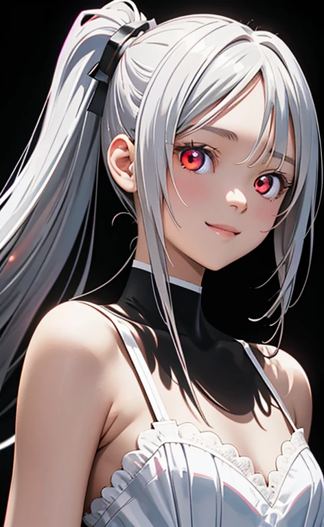(Photorealistic:1.4)、asuna,(masterpiece、Side light、Exquisite beautiful eyeonochrome:1.5,portlate、)、Cute Face、 3D Face、(white hair:1.5、Straight Hair)、(1 Girl)、(Red eyes:1.2)、(upper body)、(Sundress)、 (Cute face:1.2),(light smile:1.2),kind face,(Small breasts),(black background:1.5)、(glowing eyes:1.3)、()、 Neat and clean、Adorable、Slim Body(Tareme:1.5),Shiny Hair、(Glowing pink Skin)、Nijisketch,Manga,zydG