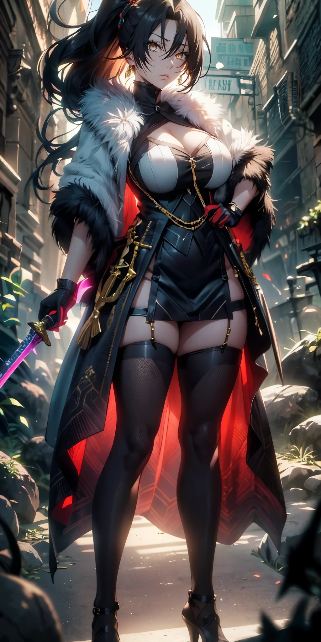 (black hair, long hair:1.3), dominiq_de_sade, forehead, curvy, ((anatomically correct:1.3)), heavy breathing, huge breasts, epic art, fantasy, breast press, china dress, fur trim,1girl, weapon, sword, thighhighs, solo, blue_eyes, breasts, full_body, ponytail, bangs, jewelry, standing, dress, holding_weapon, gloves, holding, short_dress, looking_at_viewer, earrings, long_hair, closed_mouth, cleavage, white_legwear, (shaded face:1.2), hollow eyes, golden eyes, looking at viewer, (heavy breathing:1.2), expressionless, glaring eyes, simple background,