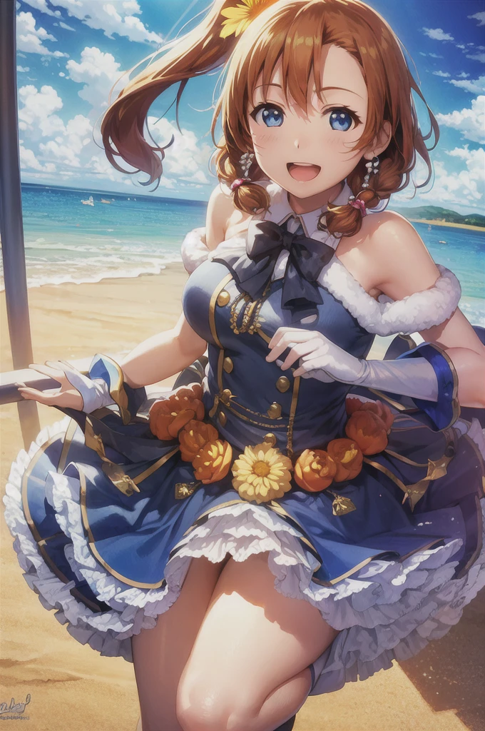 ultra high resolution, highest quality, photograph,one girl、 4k, (realistic:1.4), ponytail、Girl with side ponytail on the right side of the head, Honoka Kosaka、blue eyes、************、date、blue sky、Smiling innocently、happy expression、(People and landscape ratio 3:1)、idol costume、sing、singer、Sing in the Flower Field、big breasts、happy birthday、Celebrates、Party