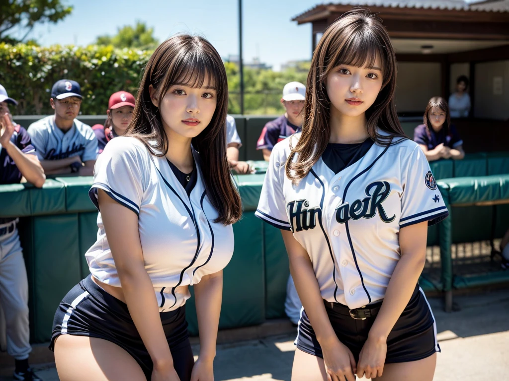(RAW photo, 4k, masterpiece, high resolution, extremely complex) (realistic: 1.4), cinematic lighting
((2 girls)),Slam Dunk's,blushing,((innocent)),(Dark makeup),bright eyes,round eyes,blunt bangs,(straight hair:1.3),black hair,large breasts,wide hips,Summer Noon, 20 year old girl、cute type、lolita,Hot, (Best Quality), (Highres), (an Extremely Delicate and Beautiful),(Beautiful 8k face),(Brown eyes),short bob hair,( spectators),(gigantic breasts),(Play with each other,Touching each other's bodies,Touching the body),((Baseball Uniforms), a miniskirt, Toned buttocks),(reality),bright lighting,(The background is a luxury hotel room)