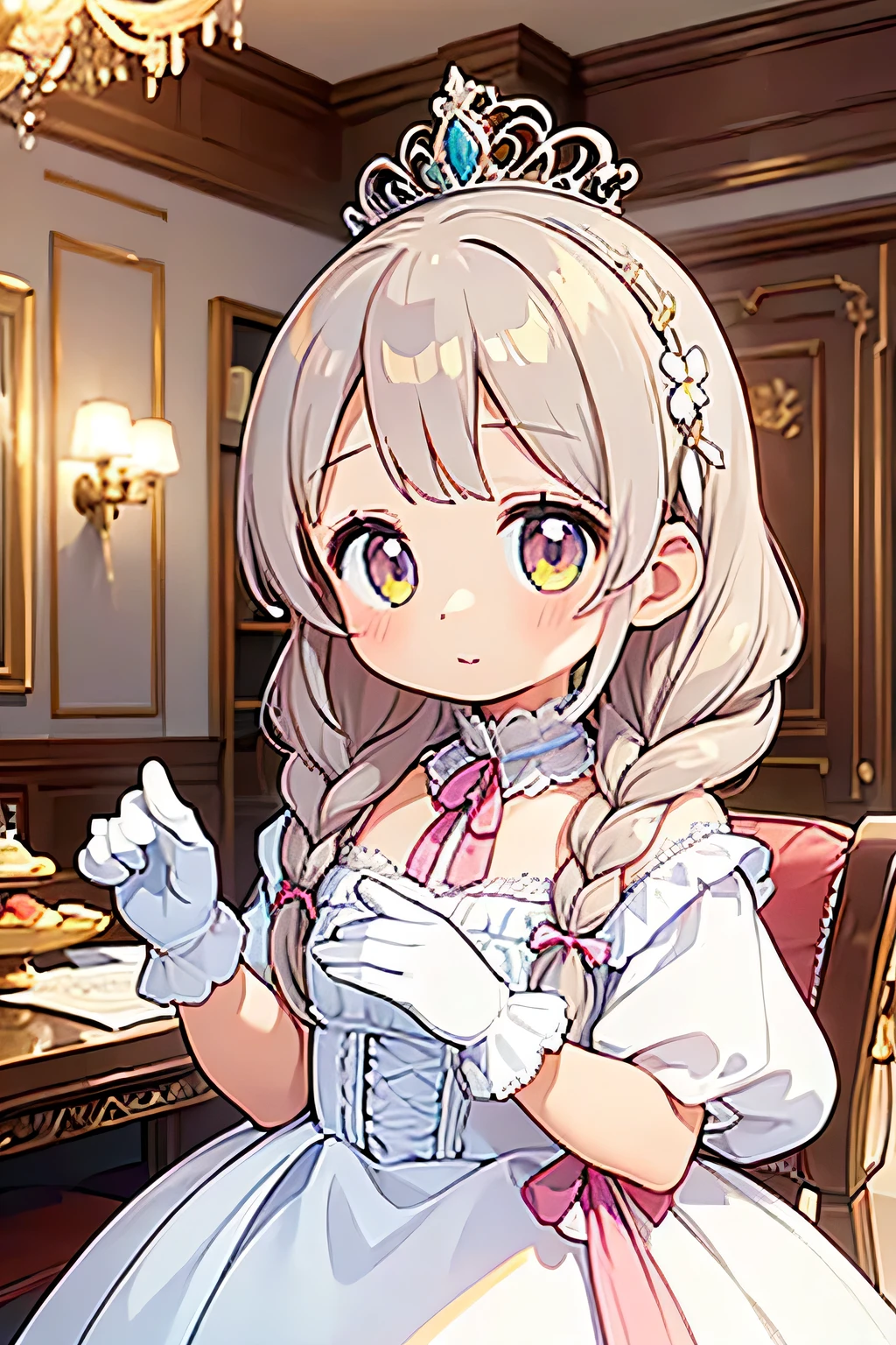 highest quality、High resolution、Detailed Background、(Beautiful face in every detail:1.4)、Anatomically correct、(Detailed facial expressions)、(Detailed eyes:1.2)、Teenage beauty、(Highly detailed face:1.4)、Cute hair colour、Braided long hair、Wavy Hairstyle、well-groomed eyebrows、Cute Eye Makeup、Cute Lip Makeup、Do cute things、Princess Style、Elegant atmosphere、
(A girl dressed like an elegant princess in a spacious Western-style mansion:1.5)、
I chose a chiffon frilled blouse from Elegant atmosphere.、
Pastel colors such as pink and lavender are elegant and princess-like.、
A romantic tiered long skirt、
The white and ivory chiffon and lace are beautiful.、
Wear a short bolero with frills and ribbons.、
We recommend beige or light blue for a glamorous look.、
Use a classy pearl tiara as a hair accessory.、
Wear elegant lace gloves、
Delicate details such as ruffles and ribbons create an elegant look.、
Pair it with accessories like a tiara or gloves、
Ornate marble staircase、A luxuriously decorated reception room with high ceilings、A painting room decorated with paintings, sculptures and other artworks、A library with books and magazines、Four Seasons Discount々Flowers々A garden in full bloom、The interior of the Western-style building and garden、very beautiful