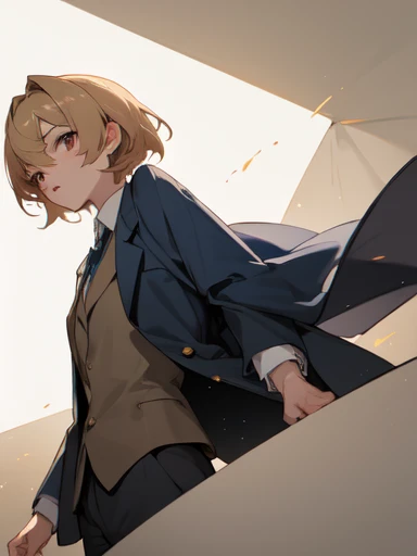 (absurdres), (perfect anatomy), (ingenious angle), pastel colors, beautiful composition, RAW photo, extremely delicate and beautiful, aesthetic, 1 girl, medium hair, beige hair, navy blue suit, large size suit, oversized jacket, white background, daytime, warm atmosphere, soft light, emotional, fantastic, perfect composition, trending pixiv fanbox, clear eyes, anime hand drawn illustration, produced by anime painter studio,