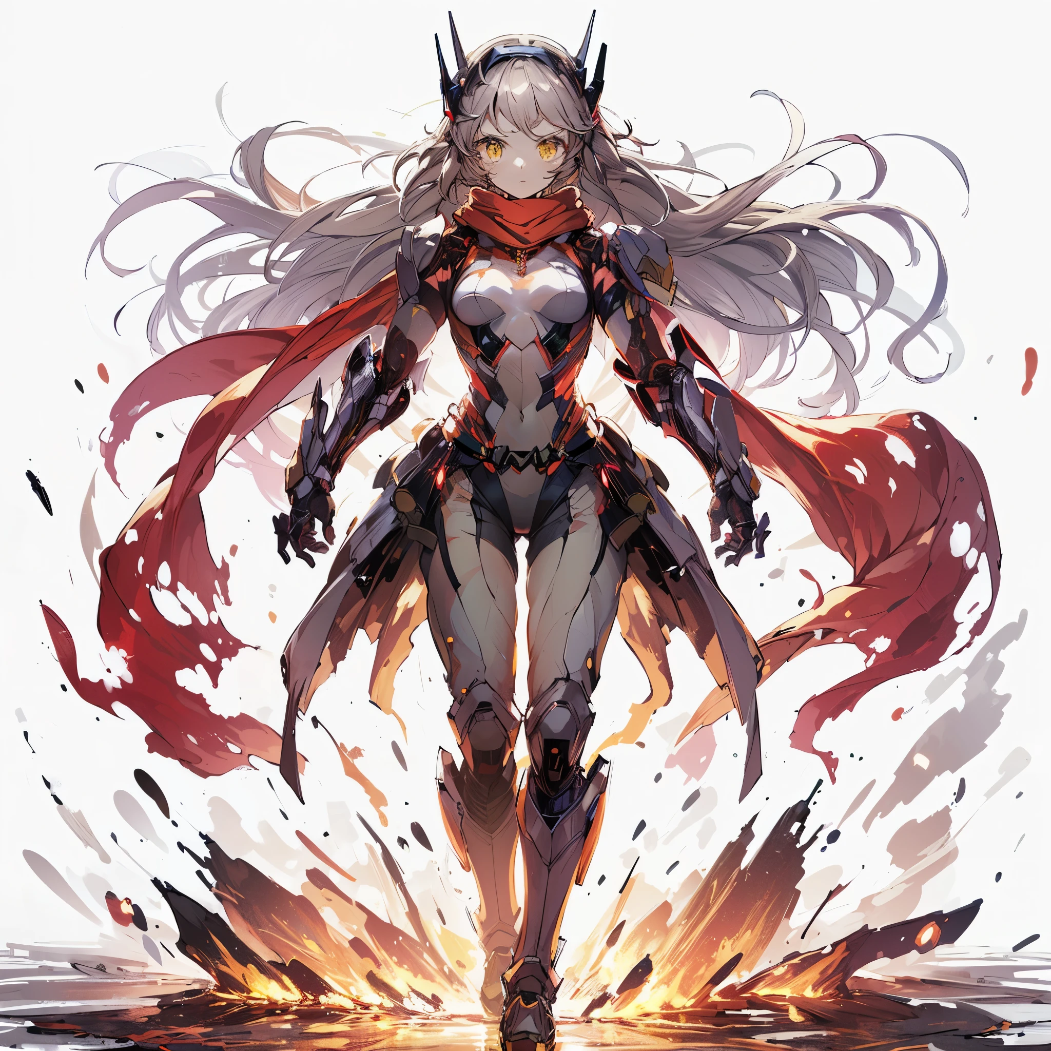 (Masterpiece, Top Quality), (Fine Hair), Ultra-Detailed, Anime Style, Solo, Full Length, Concept Art, transforming Girl, (transform belt, mech armored) Ash-Gray medium hair with an outside hair and Yellow Eyes, Body-Fitting Thin High-Tech Suit and Red Scarf, Face Exposed Cyber Headgear, Huge Gauntlets, thighs boots, supernatural Lightning and flame, White background, standing full length, (heroic posing), standing on burned earth,
