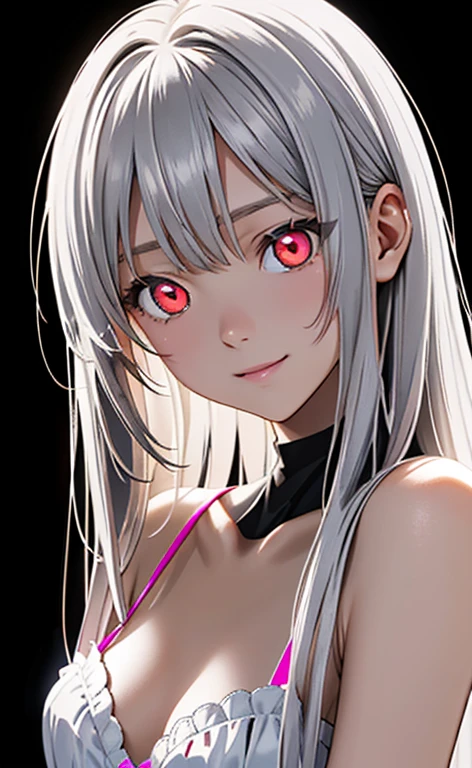 (Photorealistic:1.4)、asuna,(masterpiece、Side light、Exquisite beautiful eyeonochrome:1.5,portlate、)、Cute Face、 3D Face、(white hair:1.5、Straight Hair)、(1 Girl)、(Red eyes:1.2)、(upper body)、(Sundress)、 (Cute face:1.2),(light smile:1.2),kind face,(Small breasts),(black background:1.5)、(glowing eyes:1.3)、()、 Neat and clean、Adorable、Slim Body(Tareme:1.5),Shiny Hair、(Glowing pink Skin)、Nijisketch,Manga,zydG