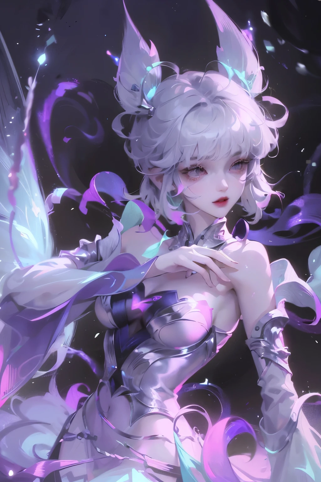 (Extremely detailed CG unity 8k wallpaper, masterpiece, best quality, Extremely detailed), (Optimal lighting, The best shadow, Extremely delicate and beautiful), Very cool, Dynamic, and original young girl characters (Dynamic pose) Silver (Pixie Short Hair: 1.3) Can reflect light beautifully.