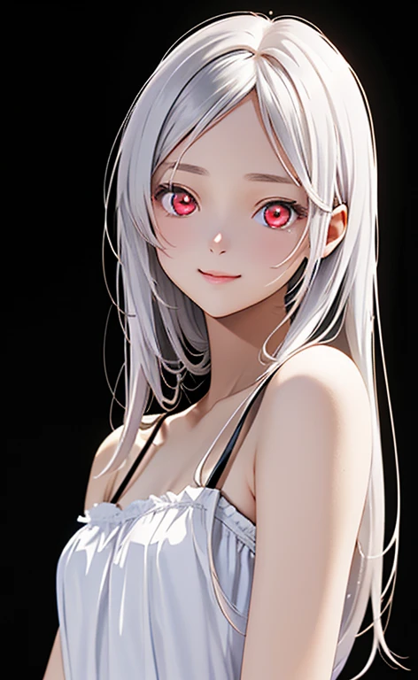 (Photorealistic:1.4)、asuna,(masterpiece、Side light、Exquisite beautiful eyeonochrome:1.5,portlate、)、Cute Face、 3D Face、(white hair:1.5、Straight Hair)、(1 Girl)、(Red eyes:1.2)、(upper body)、(Sundress)、 (Cute face:1.2),(light smile:1.2),kind face,(Small breasts),(black background:1.5)、(glowing eyes:1.3)、()、 Neat and clean、Adorable、Slim Body(Tareme:1.5),Shiny Hair、(Glowing pink Skin)、Nijisketch,Manga,zydG