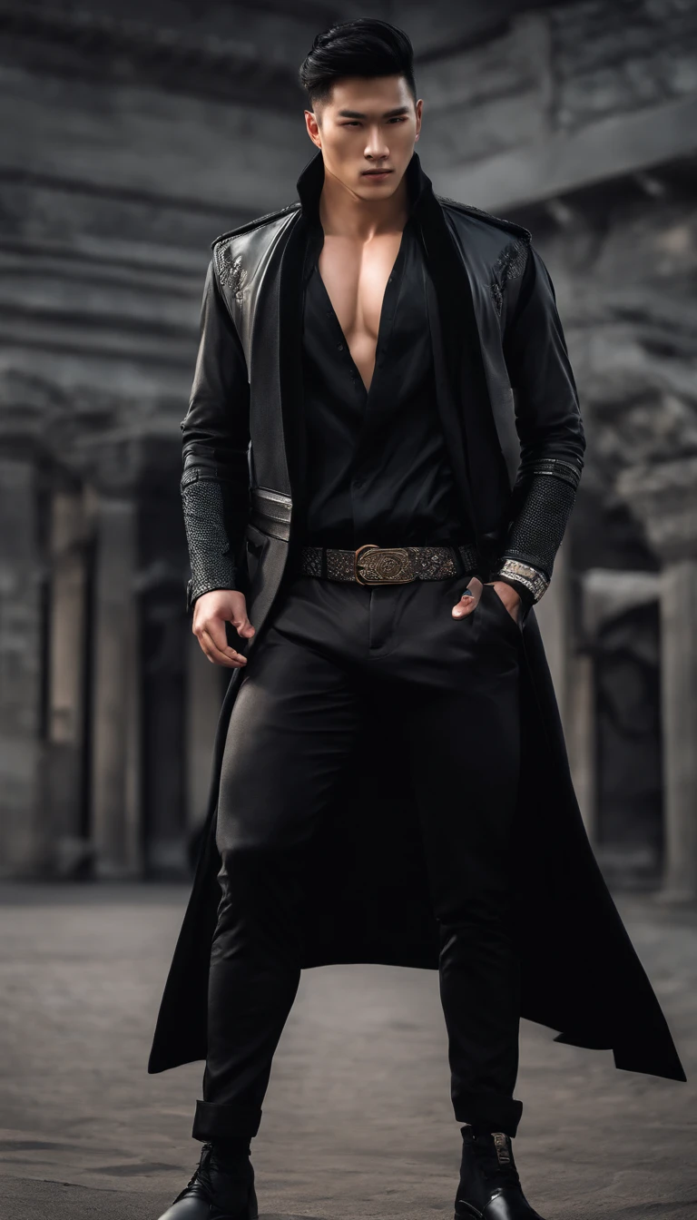 a korean man, male focus, solo, jacket, chest, navel, muscular, black undercut hair, black trousers, open jacket, nipples, muscle man, abs, open clothes, short hair, belt, embers, closed mouth , bare pectorals, gray jacket, looking at viewer, big , black belt, realistic, black jacket, gray pants