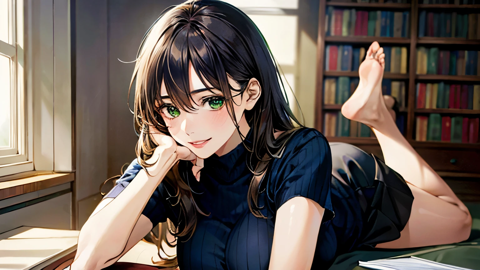 (masterpiece:1.3, highest quality, Ultra-high resolution, Super detailed), (Realistic, photoRealistic:1.4), Beautiful illustrations, Perfect lighting, Natural light, colorful, Depth of written boundary, 女性one person,Attractive legs,whole body,
View Viewer, whole body, Front view:0.6, 1 girl, 日Book語, office lady, 19 years old, Perfect Face, (Perfect Anatomy), Cute and symmetrical face, Baby Face, Shiny skin, , 
(Long Hair:1.7, Straight hair:1.2, Black Hair), Hair between the eyes, Emerald green eyes, Long Eyelashes, (Big Breasts:0.8), mini skirt,Bookを持っている,
Beautiful Hair, Beautiful Face, Beautiful fine details, Beautiful clavicle, Beautiful body, Beautiful breasts, Beautiful thighs, Beautiful feet, Beautiful fingers, 
((Short sleeve navy high neck sweater), ID card), 
(Beautiful views), Daytime, (Office Lounge),, (Smile, Half an eye, Lips parted),Bookを持っている,whole body,mini skirt,one person,whole body,Attractive legs,Book,Book,whole body,Attractive legs