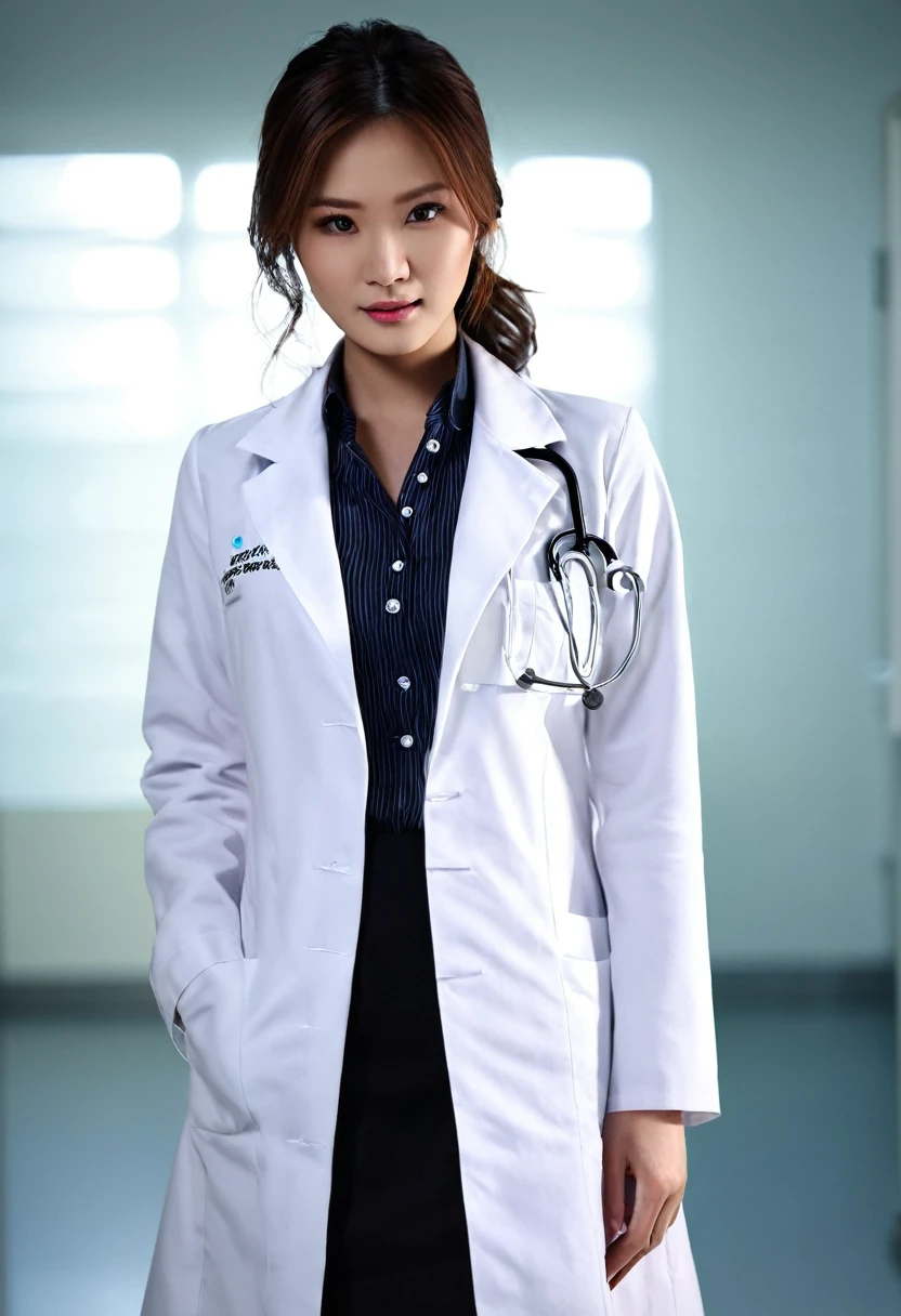 1 girl, Really beautiful doctor、Stunningly beautiful、white coat doctor, collar shirt、(Highest quality、8ก、32k、Masterpiece)、High resolution, (Virtual image:1.4),raw photography, detailed face,Beautiful hair, ((doctor style)), , black tight skirt、 natural makeup, Inside the hospital, Detailed background, perfect light, depth of field, beautiful shadow gradient,stethoscope ,, Thaifacemixx