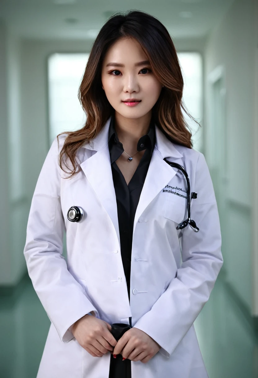 1 girl, Really beautiful doctor、Stunningly beautiful、white coat doctor, collar shirt、(Highest quality、8ก、32k、Masterpiece)、High resolution, (Virtual image:1.4),raw photography, detailed face,Beautiful hair, ((doctor style)), , black tight skirt、 natural makeup, Inside the hospital, Detailed background, perfect light, depth of field, beautiful shadow gradient,stethoscope ,, Thaifacemixx