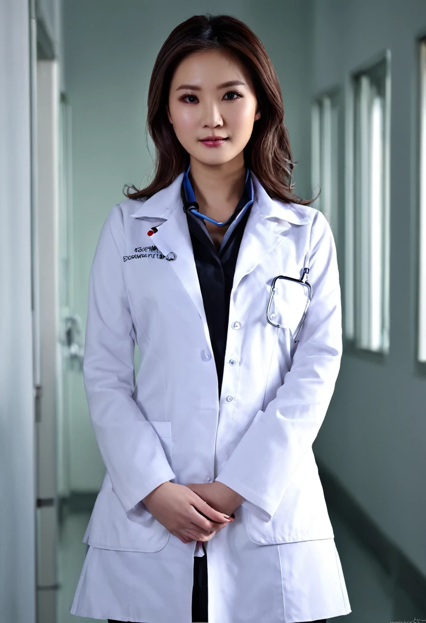 1 girl, Really beautiful doctor、Stunningly beautiful、white coat doctor, collar shirt、(Highest quality、8ก、32k、Masterpiece)、High resolution, (Virtual image:1.4),raw photography, detailed face,Beautiful hair, ((doctor style)), , black tight skirt、 natural makeup, Inside the hospital, Detailed background, perfect light, depth of field, beautiful shadow gradient,stethoscope ,, Thaifacemixx