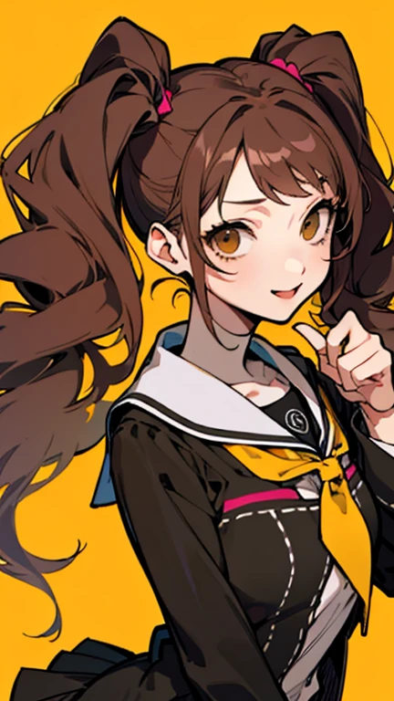 High resolution, 8k, Best illustrations, Beautiful details、highest quality, Mature Woman、((Rise Kujikawa、Twin tails))Brown Hair、Brown eyes、(high school girl、school uniform)Ferocious look、Vulgar smile、Cool look、whole body