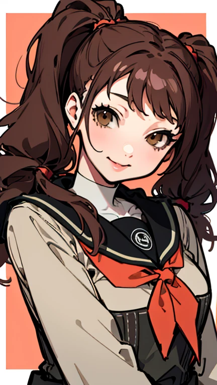 High resolution, 8k, Best illustrations, Beautiful details、highest quality, Mature Woman、((Rise Kujikawa、Twin tails))Brown Hair、Brown eyes、(high school girl、school uniform)Ferocious look、Vulgar smile、Cool look、whole body