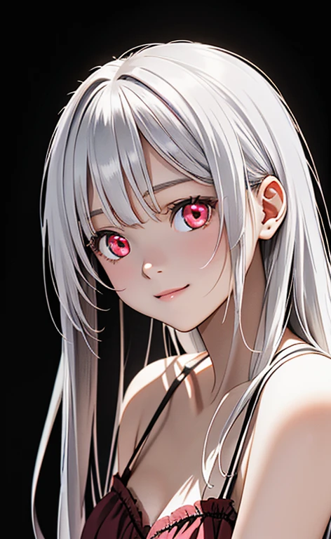 (Photorealistic:1.4)、asuna,(masterpiece、Side light、Exquisite beautiful eyeonochrome:1.5,portlate、)、Cute Face、 3D Face、(white hair:1.5、Straight Hair)、(1 Girl)、(Red eyes:1.2)、(upper body)、(Sundress)、 (Cute face:1.2),(light smile:1.2),kind face,(Small breasts),(black background:1.5)、(glowing eyes:1.3)、()、 Neat and clean、Adorable、Slim Body(Tareme:1.5),Shiny Hair、(Glowing pink Skin)、Nijisketch,Manga,zydG