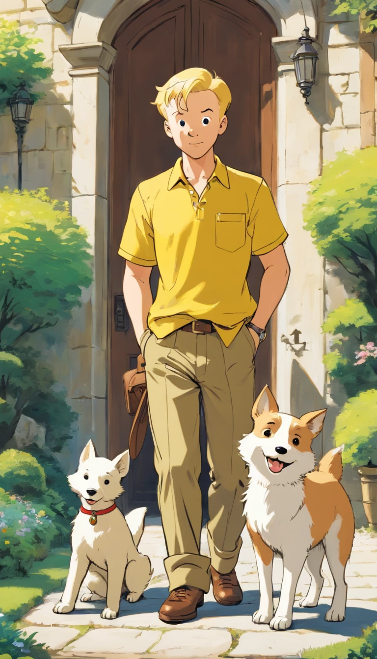 Tintin, male wearing yellow short sleeves shirt and brown cargo pants, short blond hair, herge, european comics, heroic pose, england mansion, with a little white fox terrier dog