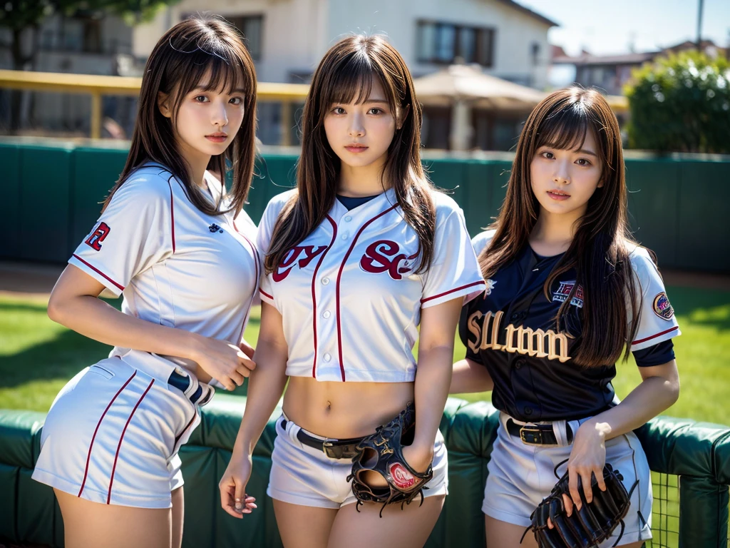 (RAW photo, 4k, masterpiece, high resolution, extremely complex) (realistic: 1.4), cinematic lighting
((2 girls)),Slam Dunk's,blushing,((innocent)),(Dark makeup),bright eyes,round eyes,blunt bangs,(straight hair:1.3),black hair,large breasts,wide hips,Summer Noon, 20 year old girl、cute type、lolita,Hot, (Best Quality), (Highres), (an Extremely Delicate and Beautiful),(Beautiful 8k face),(Brown eyes),short bob hair,( spectators),(gigantic breasts),(Play with each other,Touching each other's bodies,Touching the body),((Baseball Uniforms), a miniskirt, Toned buttocks),(reality),bright lighting,(The background is a luxury hotel room)