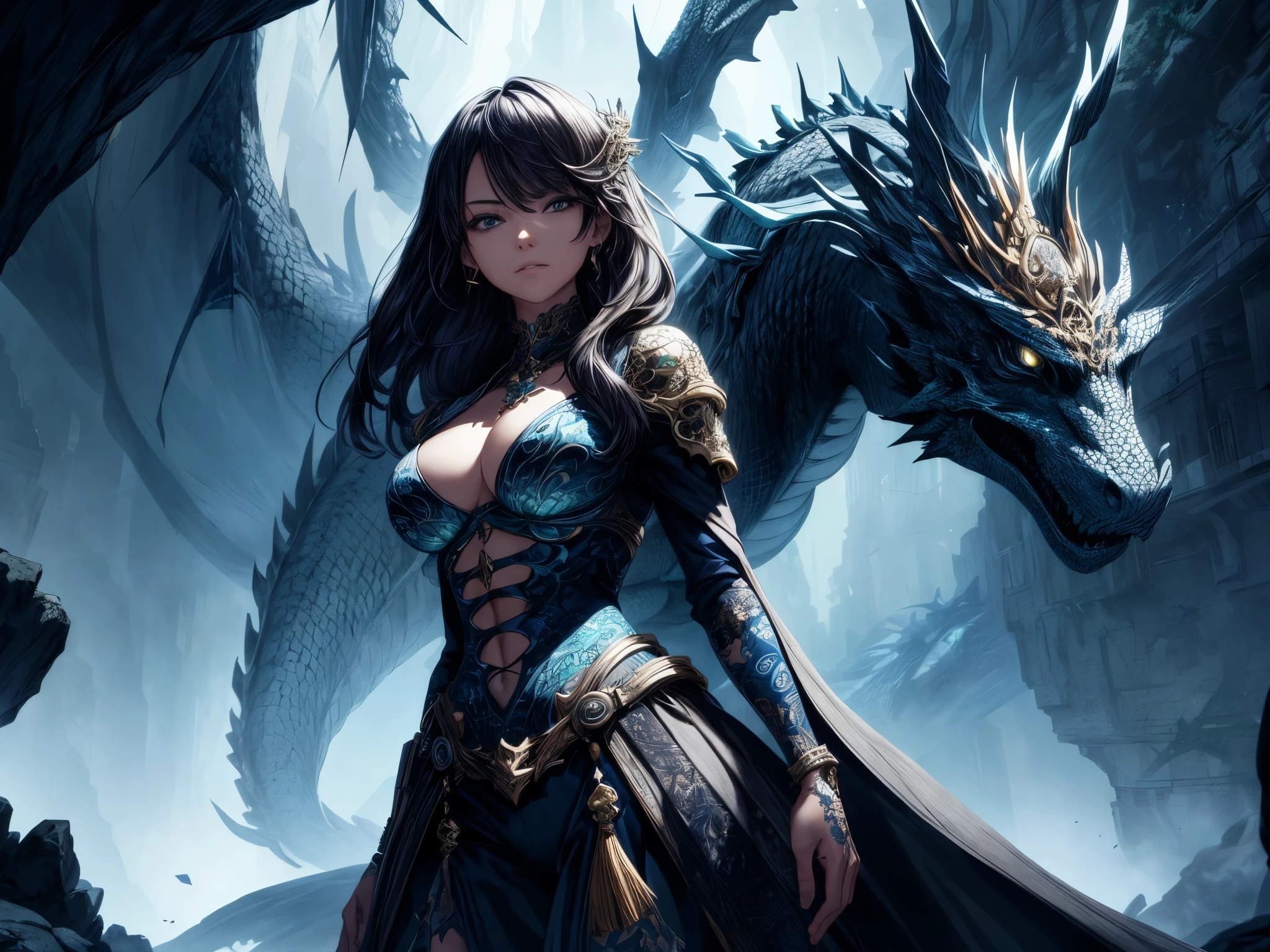(best lighting) , (super-complex details) , 4K unified, (super-detailed CG: 1.2) , (8K: 1.2),(original), (masterpiece) , (best quality),(Masterpiece:1.4),Anime-ish high quality,(masterpiece),masterpiece, best quality, absurdres,((Masterpeace, 4k, 8k, highres)),(masterpiece), (best quality), (ultra-detailed), (an extremely delicate and beautiful), ((cowboy shot)), 1 woman, ,1girl, extremely detailed girl, busty girl, girl with tattoos,detailed tattoos, girl with dragon, dragon in background, dramatic lighting, cinematic composition, dark fantasy, high contrast, saturated colors, dramatic pose, intricate details, digital art, concept art, photorealistic, 8k, best quality, masterpiece,normal_woman, model_pose, (hand_in_waist:1)