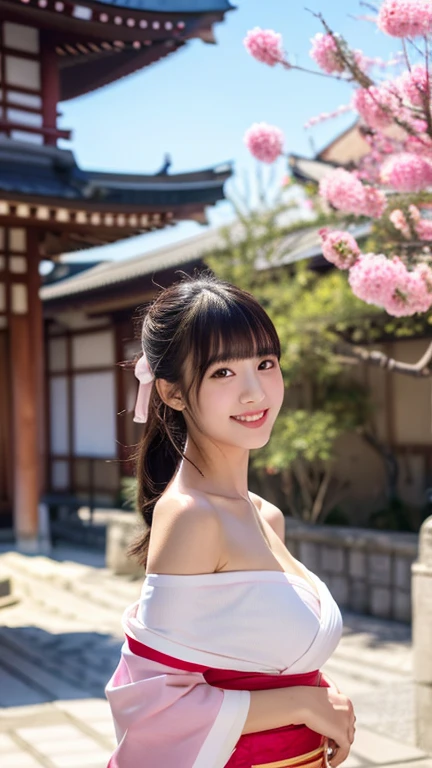 (realistic), (masterpiece), (best quality), (perfect anatomy), (4k hdr), (wide angle), Japanese emo girl, white skin, round eyes, pretty face, cute face, long triangle face, long ponytail hair with bangs, pink lips, smiling, very big breasts, wearing off shoulder red kimono, in front of viewer, full body, morning, shadow, japanese building background