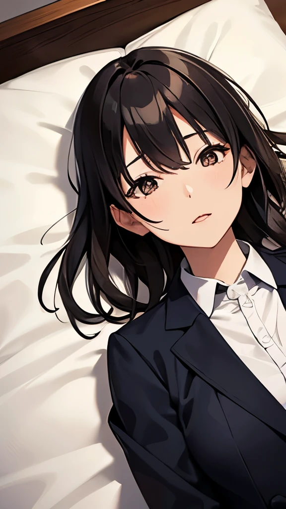 A 28-year-old Japanese woman wearing a professional suit, lying on her back on a bed with wet hair, high-quality, high-resolution, realistic style, clear skin, dark hair, serene and relaxed expression.