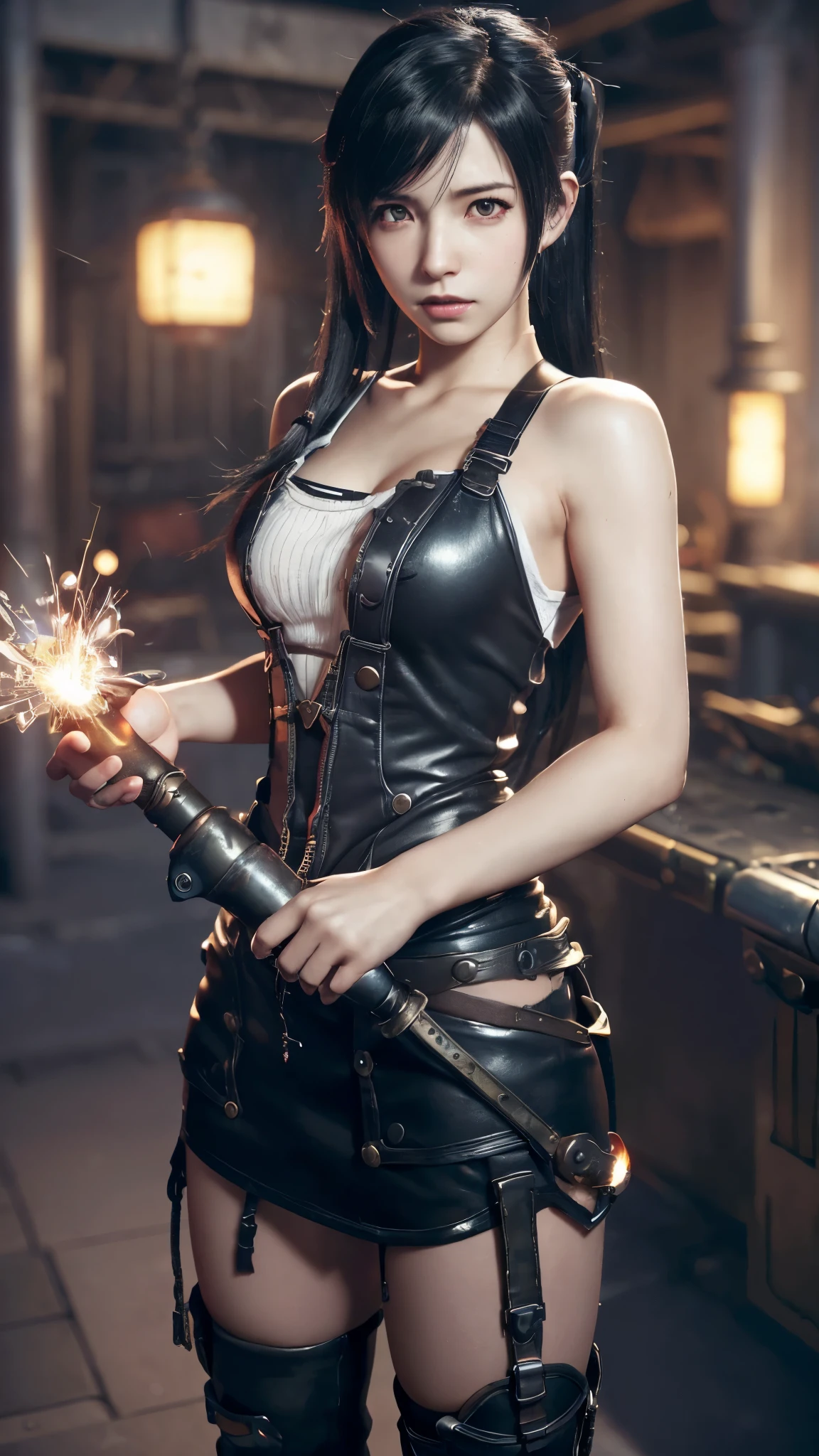 Tifa Lockhart, mksks style, (Highly detailed background:1.3), Final Fantasy VII Remake, (Red eyes), One girl, Black Hair, (Japanese idle:1.6), (Tifa Lockhart style:1.4), (Shinra company:1.5), (Steam punk:1.3),(spark:1.3)