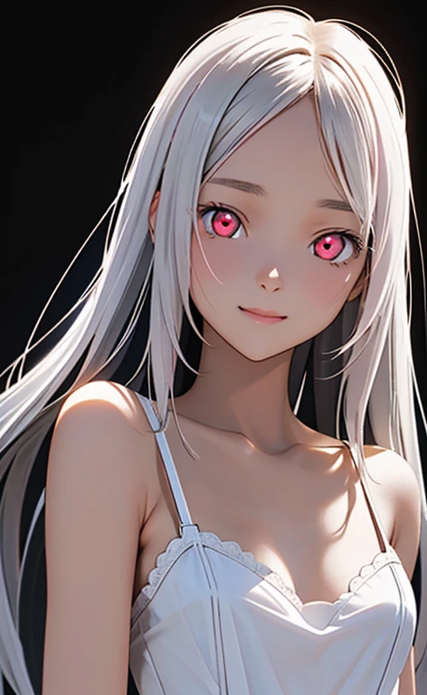 (Photorealistic:1.4)、asuna,(masterpiece、spot light、Exquisite beautiful eyeonochrome:1.5,portlate、)、Cute Face、 3D Face、(white hair:1.5、Straight Hair)、(1 Girl)、(Red eyes:1.2)、(upper body)、(Sundress)、 (Cute face:1.2),(light smile:1.2),kind face,(Small breasts),(black background:1.5)、(glowing eyes:1.3)、()、 Neat and clean、Adorable、Slim Body(Tareme:1.5),Shiny Hair、(Glowing pink Skin)、Nijisketch,Manga,zydG