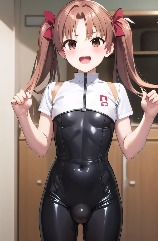 1 Futanari girl:1.3, alone, Long Hair, chest, View Viewer, blush, smile, Open your mouth, Brown Hair, shirt, bow, Twin tails, Brown eyes,, indoor, erection:1.3,Period expansion, futanari:1.4, erection under clothes:1.5,shirai kuroko,Super big ,Latex detailed unitard wear、Ahegao:1.87