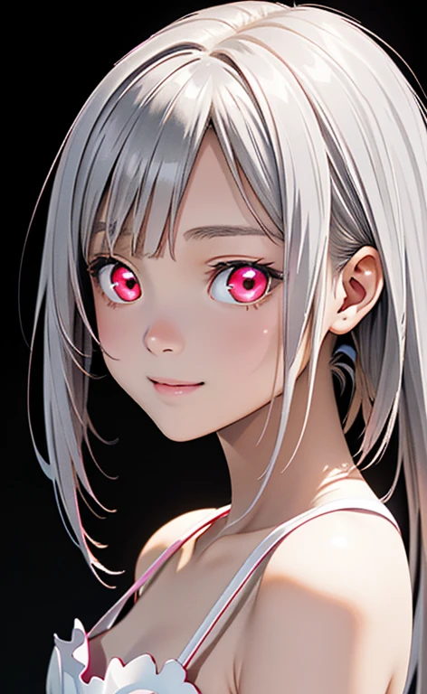 (Photorealistic:1.4)、asuna,(masterpiece、spot light:1.2、Exquisite beautiful eyeonochrome:1.5,portlate、)、Cute Face、 3D Face、(white hair:1.5、Straight Hair)、(1 Girl)、(Red eyes:1.2)、(upper body)、(Sundress)、 (Cute face:1.2),(light smile:1.2),kind face,(Small breasts),(black background:1.5)、(glowing eyes:1.3)、()、 Neat and clean、Adorable、Slim Body(Tareme:1.5),Shiny Hair、(Glowing pink Skin)、Nijisketch,Manga,zydG