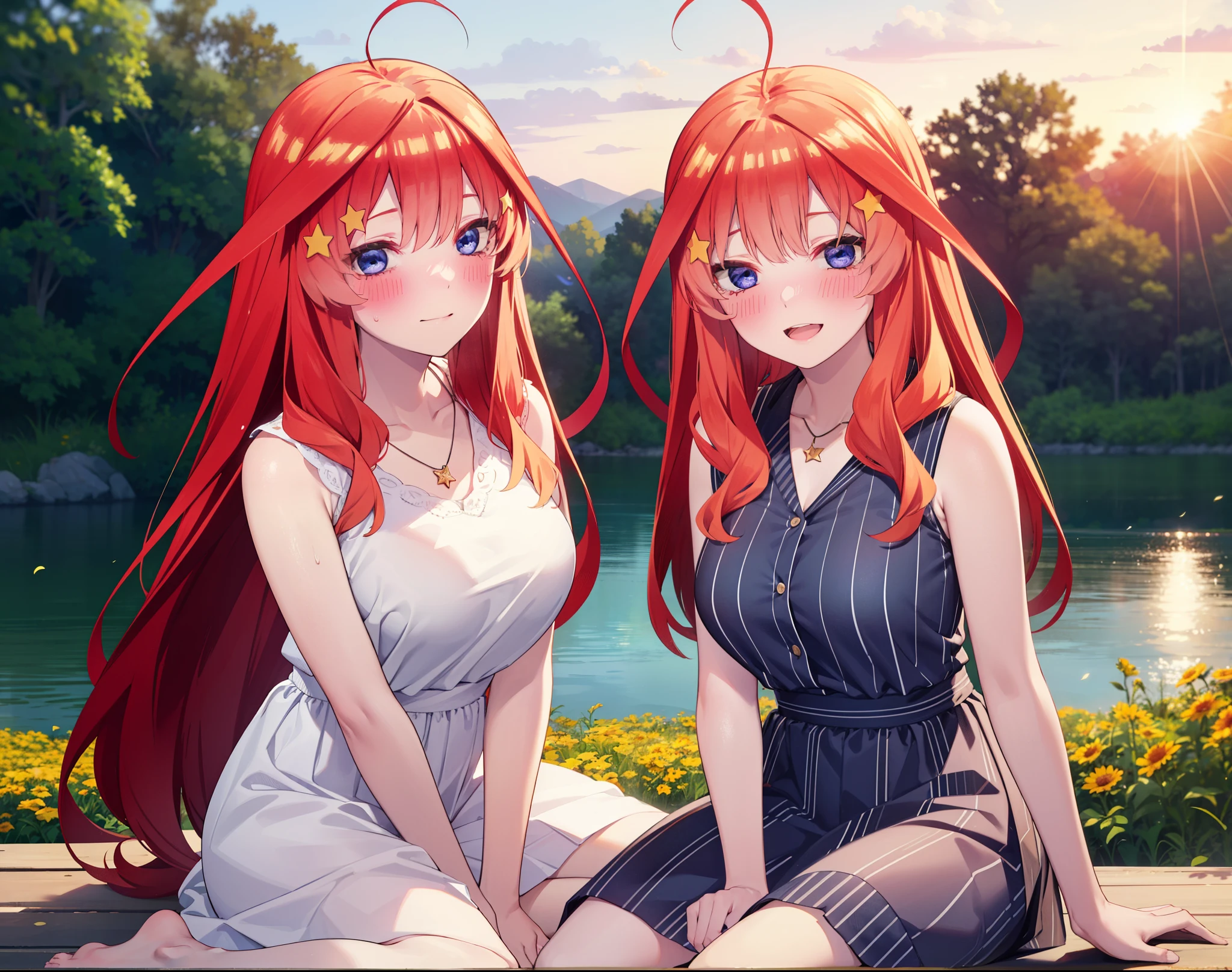 itsukinakano, Itsuki Nakano, bangs, blue eyes, Hair between the eyes, Ahoge, Redhead, star \(symbol\), hair ornaments, star hair ornaments,Big Breasts,Squint both eyes,blush,happy smile, smile, shut up.,White Sleeveless Dress,Bare arms,Heart Pendant,Long skirt,Barefoot flower crown,whole bodyがイラストに入るように,Sitting,Looking up from below,evening,sunset,Morning Sets,
break looking at viewer, whole body,
break outdoors, nature,Flower Field,Large Lake,
break (masterpiece:1.2), highest quality, High resolution, unity 8k wallpaper, (shape:0.8), (Beautiful details:1.6), Highly detailed face, Perfect lighting, Highly detailed CG, (Perfect hands, Perfect Anatomy),