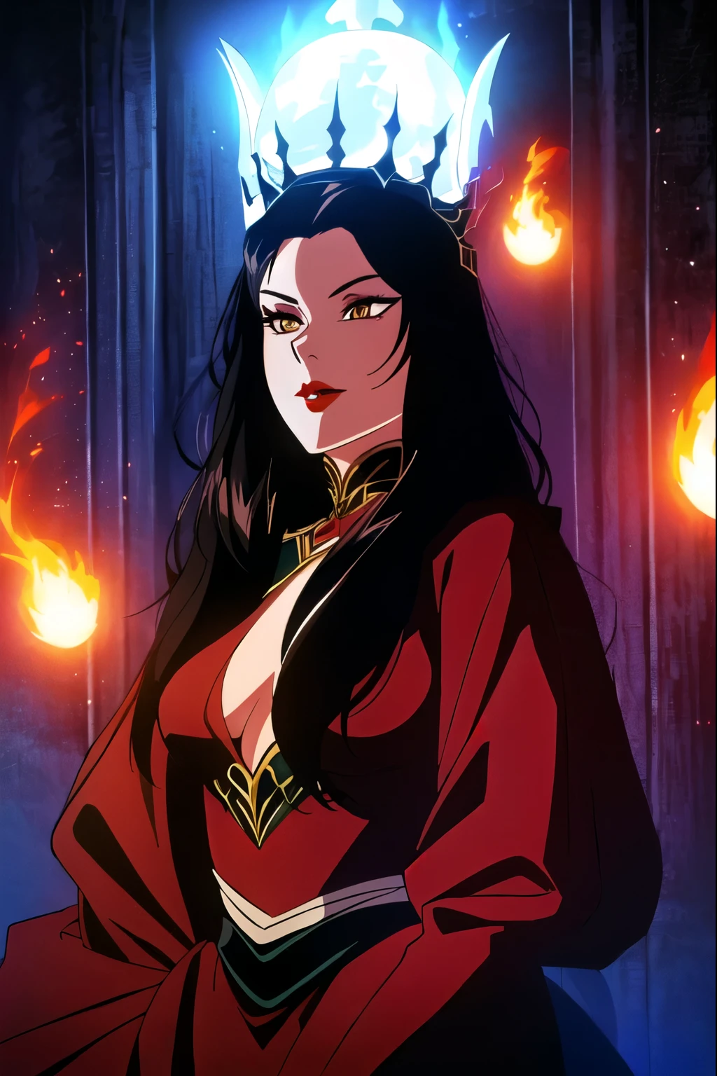 Create a high detail image of evil queen from once upon a time, long black hair, red lips, holding a fireball, looking dangerously