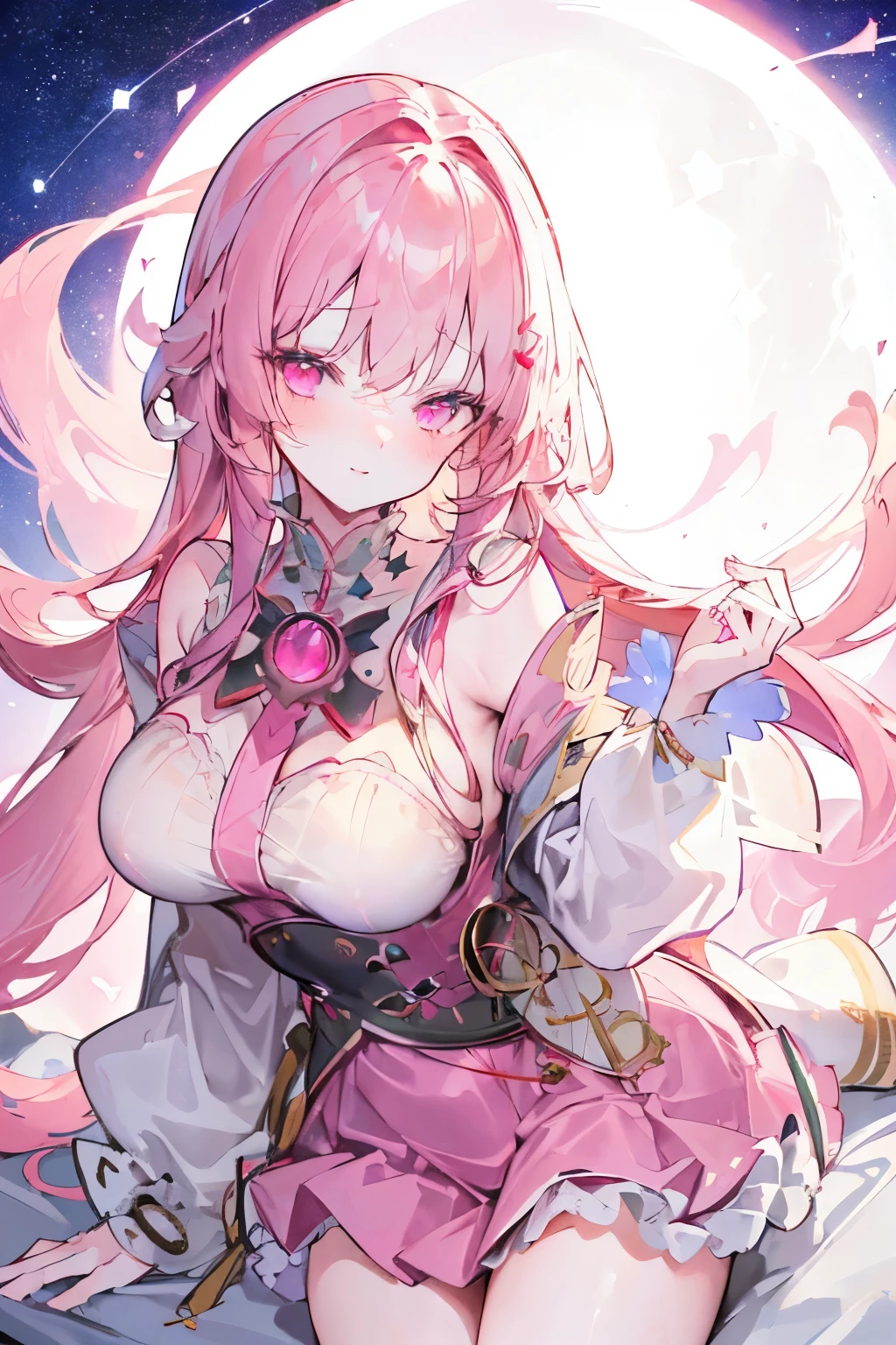 (((masterpiece)))、(((Top quality)))、((Extremely detailed))、(Implications)、((Extremely exquisite and beautiful))、A big smile、floating、粉色hair、(Detailed lighting) (1 Girl)、solo、Long gray hair、The wind is blowing、One World、(Lovely眼睛)、Practical, Extremely detailed, (shiny skin,), slim, Solitary, mini skirt, long hair, 粉红色hair, pink eyes, (Thick thighs:0.5), Dynamic Lighting, high resolution, Clear focus, Depth of Field, Medium breasts, On the table, best quality, Extremely detailed, Implicationsn, Extremely detailed face, Best quality face, 18 years old, aldult, Complex clothing, Sexy pose, Shiny pink sailor suit, Lovely, Kawaii,, good quality eyes, blushing, red cheeks, Glowing eyes, fluffy sweater, skirt, Open lips, blush, Lovely, , good quality eyes, Embarrassed expression, long_hair, blushing, moon, Starry Sky_Sky, Reality, Asian, Miss, Mix 4