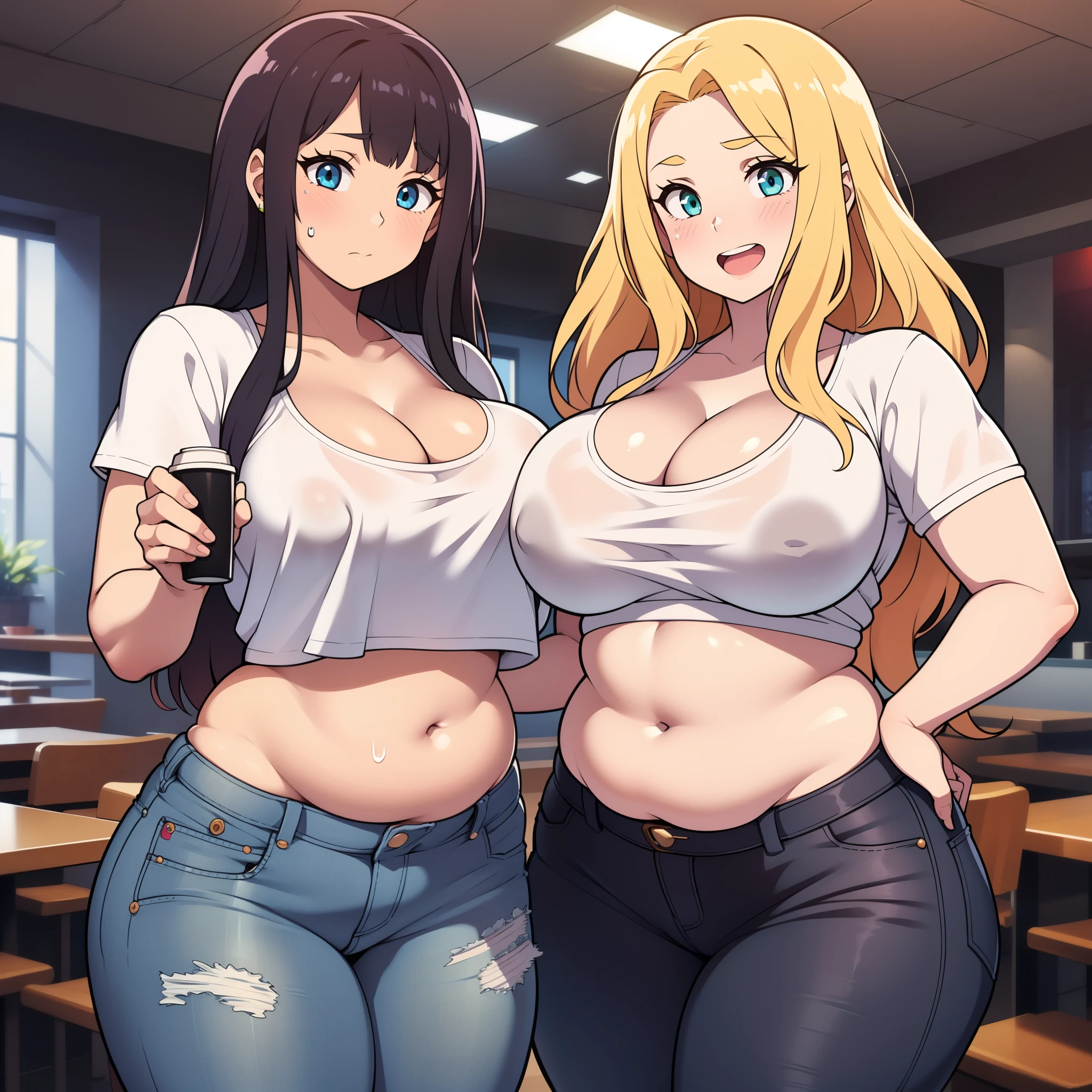 ((highres)), Masterpiece, high quality, best quality, beautiful, perfect lighting, detailed face, ultra cute face, ((2girls)), blush, one girl has blonde hair, blue eyes, crop top and shorts, one girl has brown hair, green eyes, jeans, white shirt, fast food restaurant, cleavage, medium breasts, ((wide hips)), (thick thighs), ((chubby)), chubby belly, belly grab, fat folds, standing next to each other,