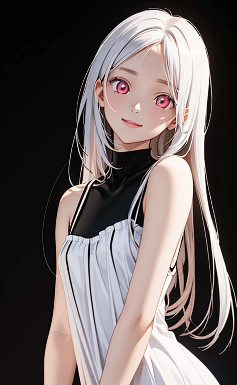 (Photorealistic:1.4)、asuna,(masterpiece、spot light:1.2、Exquisite beautiful eyeonochrome:1.5,portlate、)、Cute Face、 3D Face、(white hair:1.5、Straight Hair)、(1 Girl)、(Red eyes:1.2)、(upper body)、(Sundress)、 (Cute face:1.2),(light smile:1.2),kind face,(Small breasts),(black background:1.5)、(glowing eyes:1.3)、()、 Neat and clean、Adorable、Slim Body(Tareme:1.5),Shiny Hair、(Glowing pink Skin)、Nijisketch,Manga,zydG