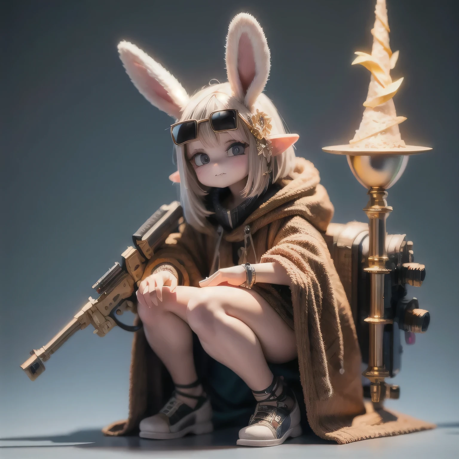 Rabbit Ear（((Rabbit Ear))）Nine-tailed Suspended Halley Mist Star，Coarse linen cloak Mayan headgear platinum silk cyberpunk light crossbow space station 1:900 miniatures，illustration，Side viewing angle，（（Side viewing angle）），Wear gold wire-rimmed reflective sunglasses，Carry future weapons，very happy，Side viewing angle，whole body，Stereo，Octane Rendering，Perfect face，Collagen texture